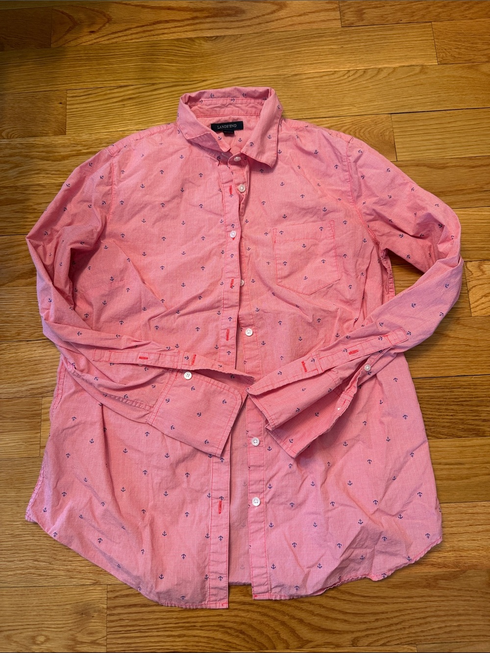 Lands End Button Down shirt women anchors nautical blue red preppy boat 10